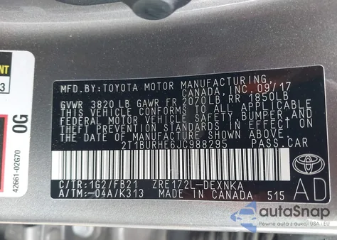 2018 Toyota Corolla Le from USA, damaged, VIN 2T1BURHE6JC988295